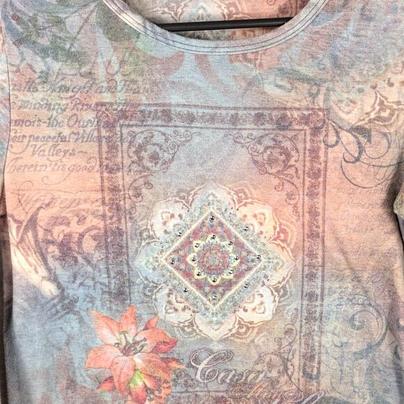 Dressbarn Medium Multicolor Floral Scroll Print Top 3/4 Sleeve Boho Made in USA - Picture 2 of 5